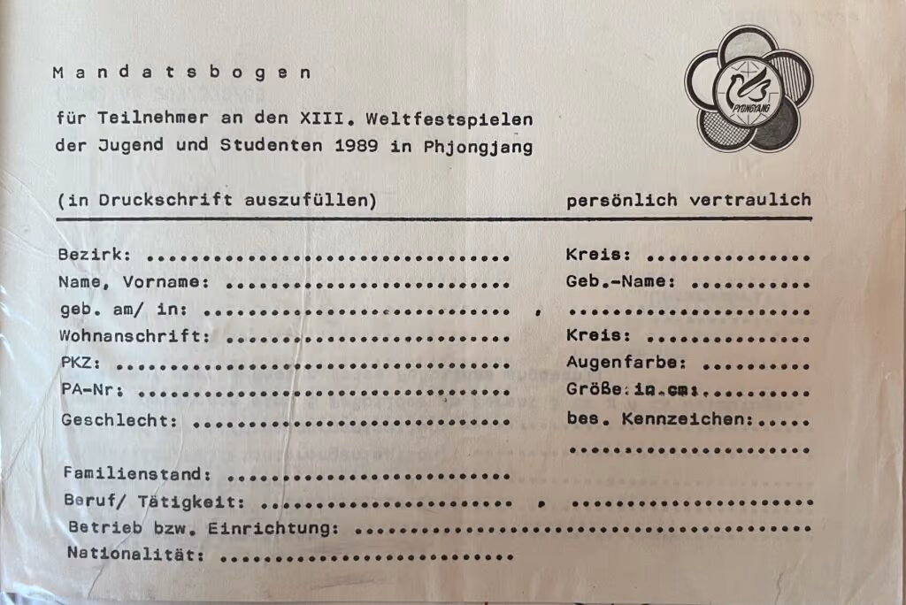 13. Weltfestspiele, Pjöngjang 1989 - Mandatsbogen für Teilnehmer