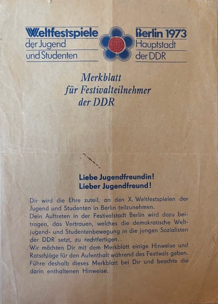 10. Weltfestspiele - Berlin 1973 - Merkblatt für Festivalteilnehmer der DDR