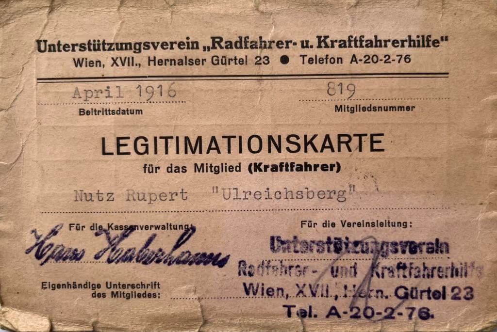 Unterstützungsverein "Radfahrer- u. Kraftfahrerhilfe" - Legitimationskarte