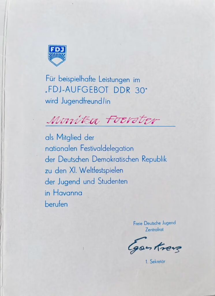 11. Weltfestspiele - Havanna 1978 - Berufungsurkunde