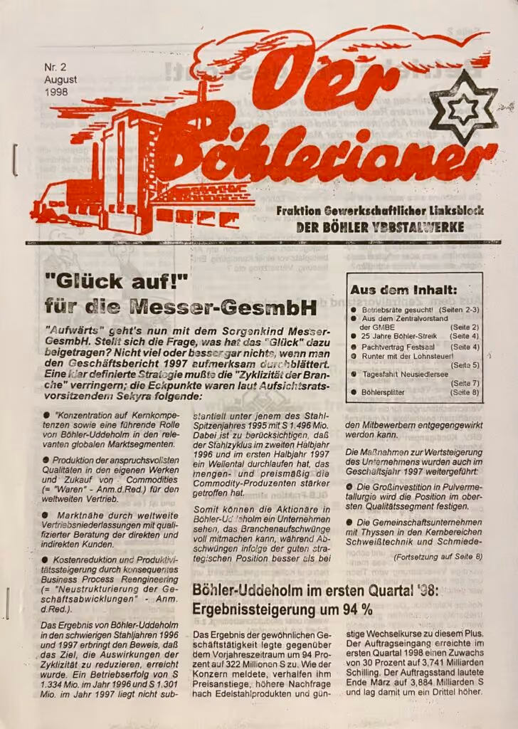 Der Böhlerianer - Fraktion Gewerkschaftlicher Linksblock der Böhler Ybbstalwerke - Nr. 2/August 1998