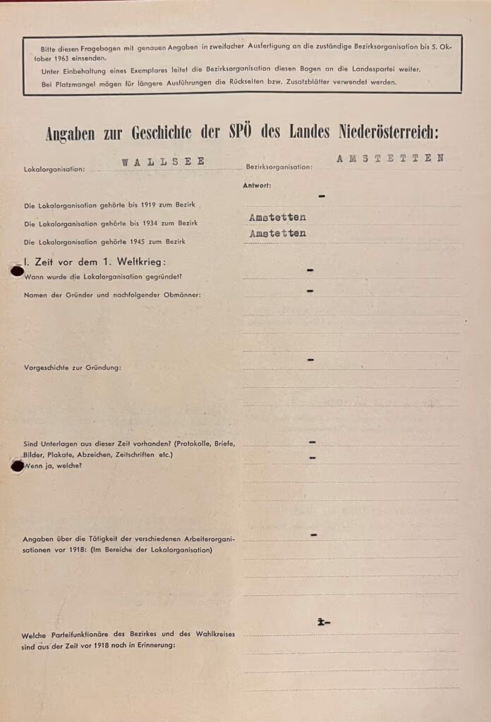 Angaben zur Geschichte der SPÖ des Landes Niederösterreich: Lokalorganisation: Wallsee - Bezirksorganisation: Amstetten