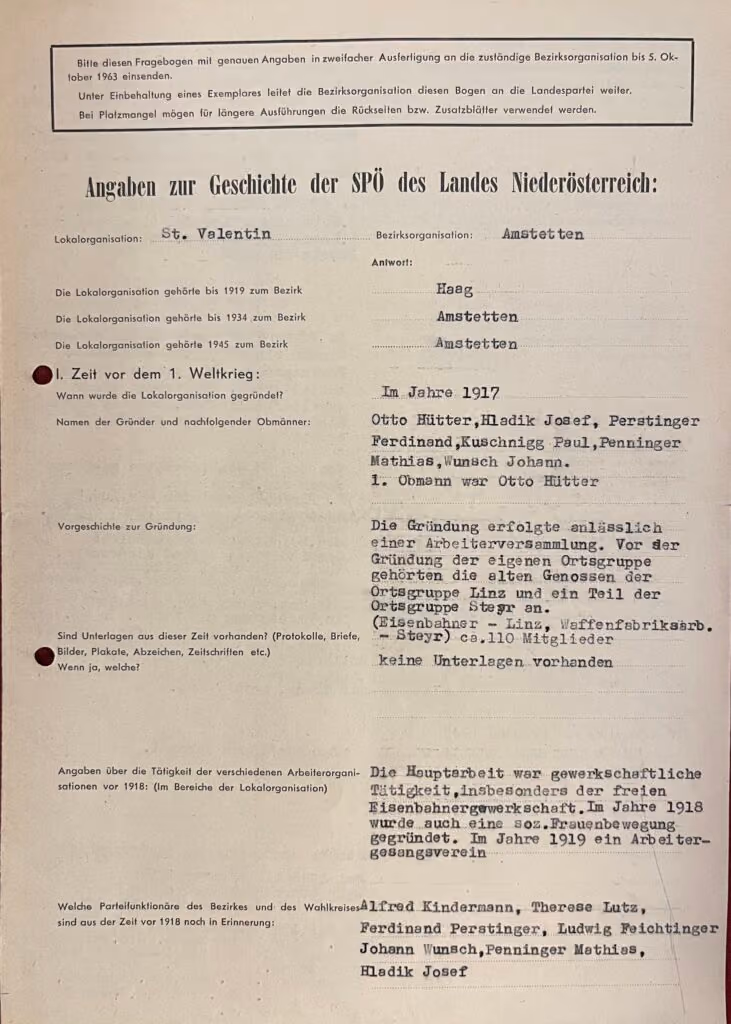 Angaben zur Geschichte der SPÖ des Landes Niederösterreich: Lokalorganisation: St.Valentin - Bezirksorganisation: Amstetten