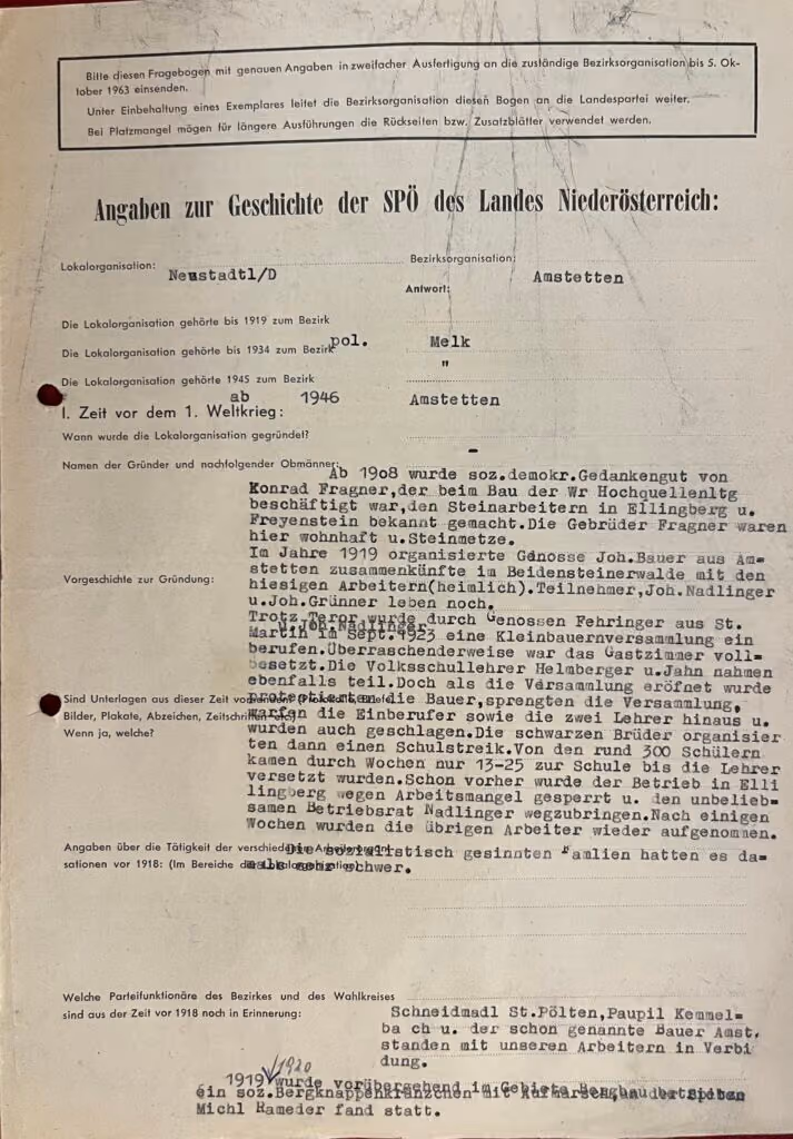 Angaben zur Geschichte der SPÖ des Landes Niederösterreich: Lokalorganisation: Neustadtl - Bezirksorganisation: Amstetten
