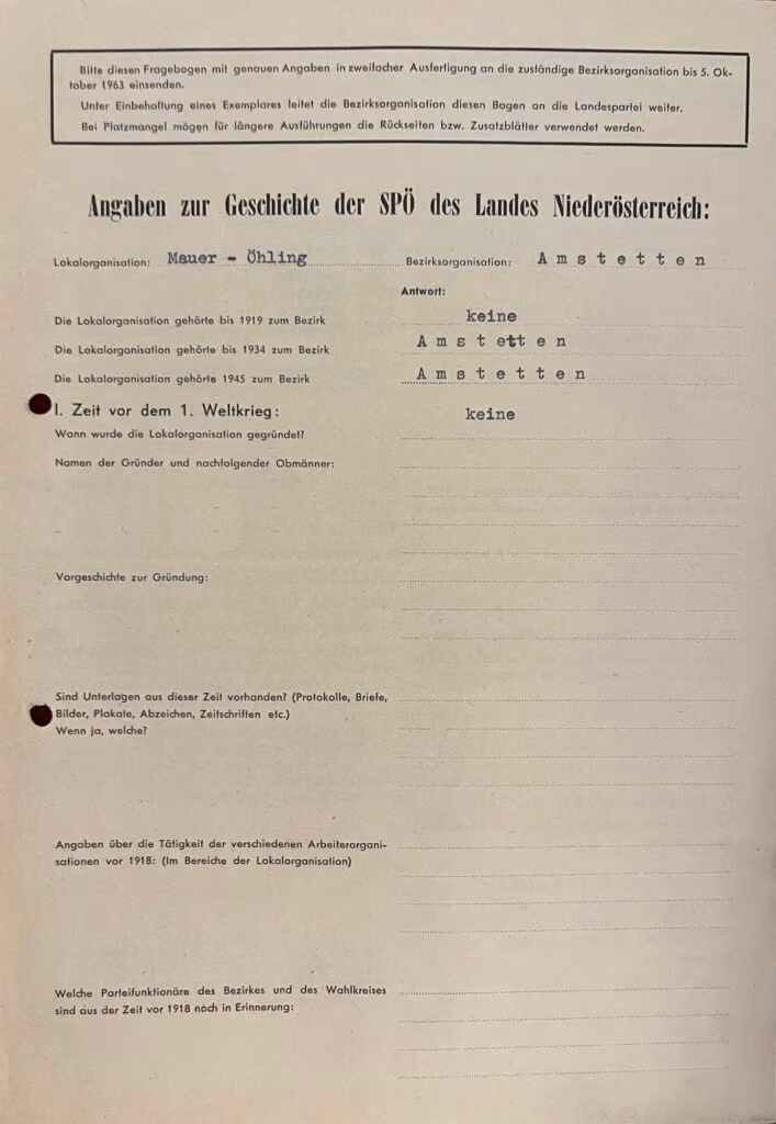 Angaben zur Geschichte der SPÖ des Landes Niederösterreich: Lokalorganisation: Mauer - Öhling - Bezirksorganisation: Amstetten