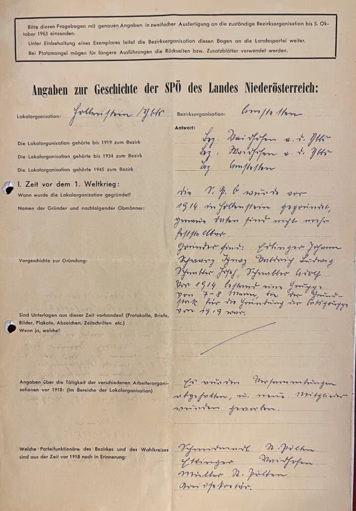 Angaben zur Geschichte der SPÖ des Landes Niederösterreich: Lokalorganisation: Hollenstein/Ybbs - Bezirksorganisation: Amstetten