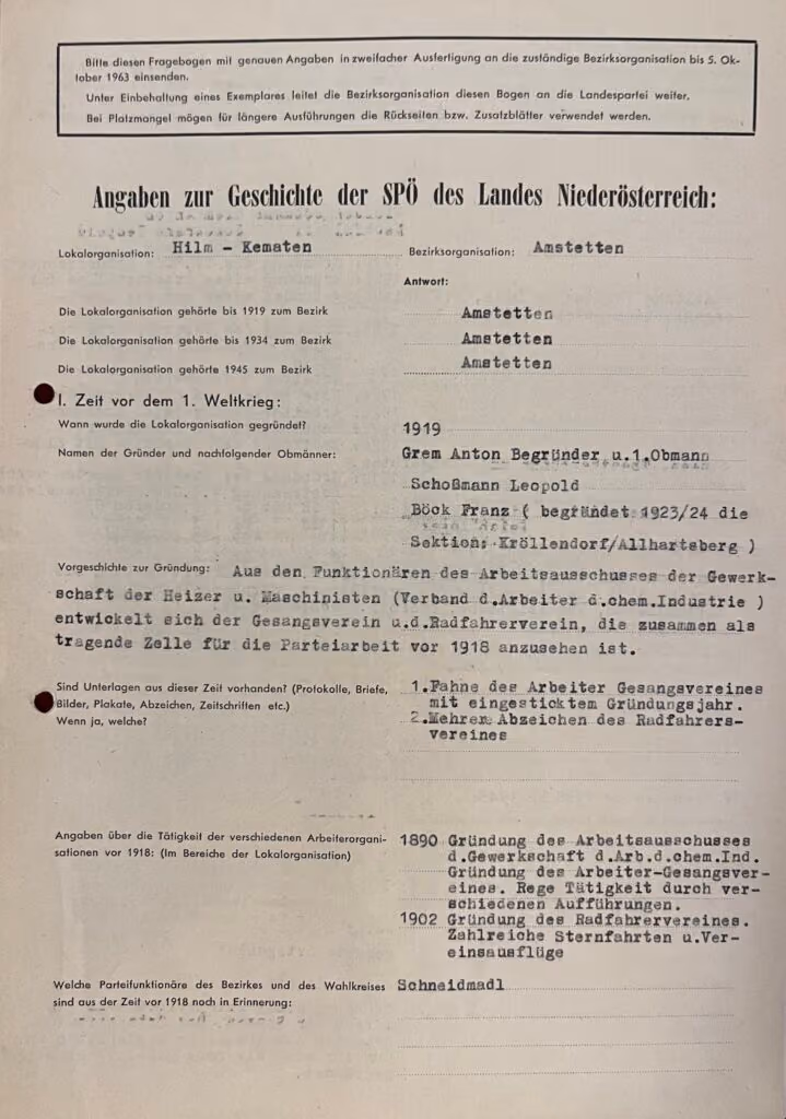 Angaben zur Geschichte der SPÖ des Landes Niederösterreich: Lokalorganisation: Hilm - Kematen - Bezirksorganisation: Amstetten