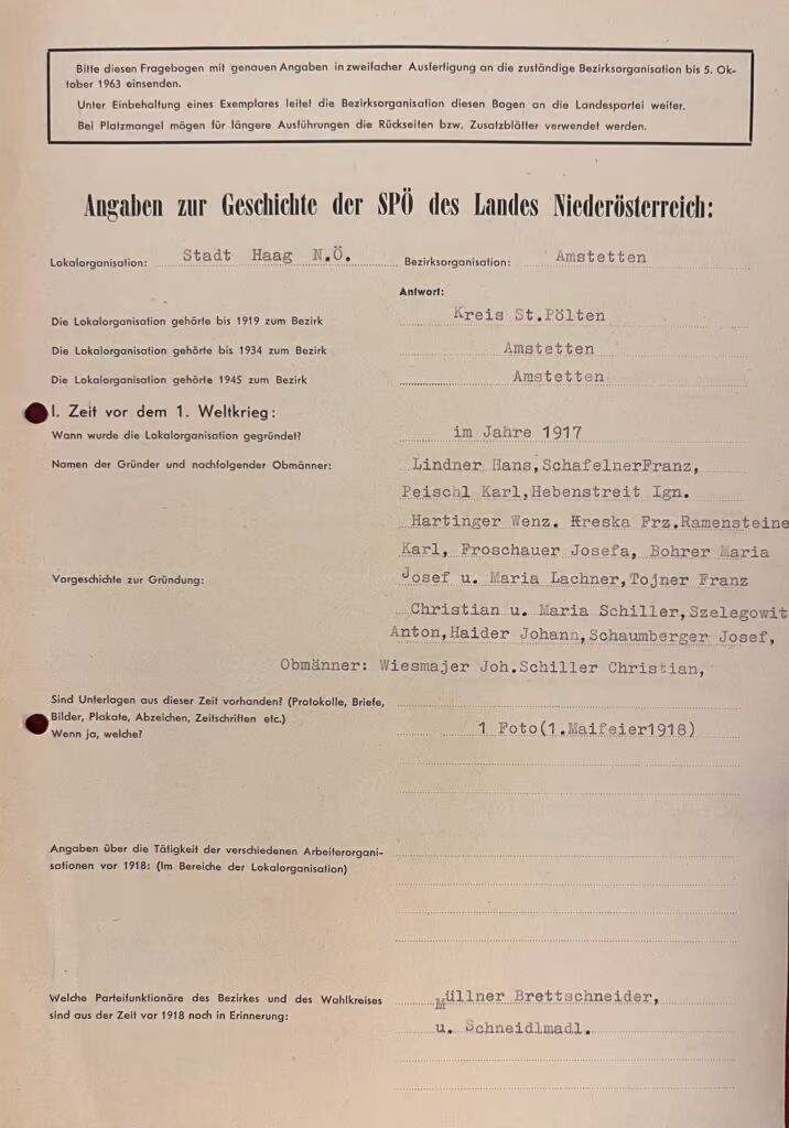 Angaben zur Geschichte der SPÖ des Landes Niederösterreich: Lokalorganisation: Stadt Haag - Bezirksorganisation: Amstetten