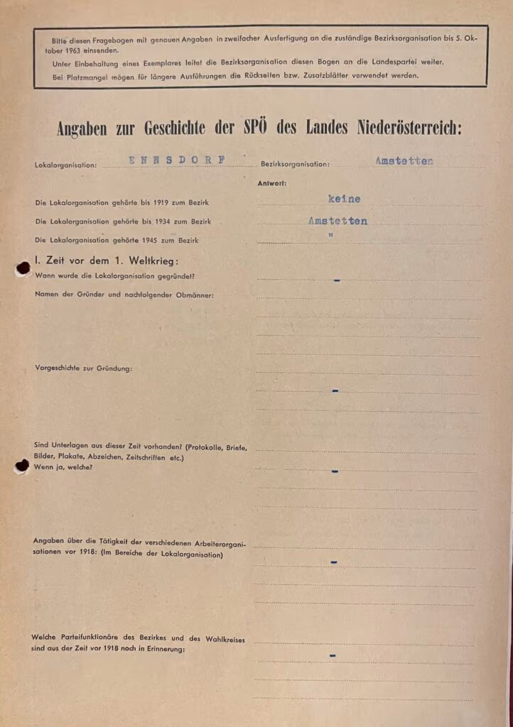 Angaben zur Geschichte der SPÖ des Landes Niederösterreich: Lokalorganisation: Ennsdorf - Bezirksorganisation: Amstetten