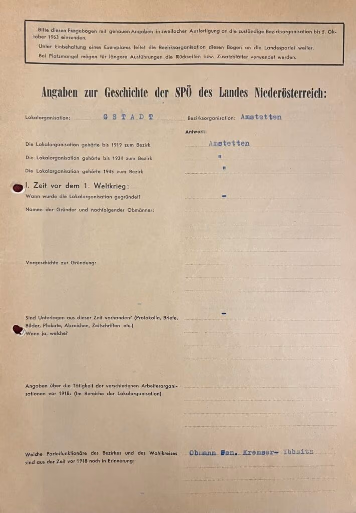 Angaben zur Geschichte der SPÖ des Landes Niederösterreich: Lokalorganisation: Gstadt - Bezirksorganisation: Amstetten
