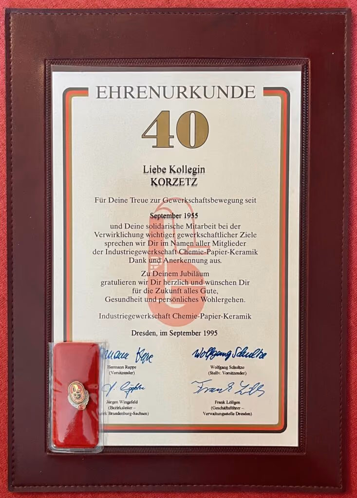 IG Chemie-Papier-Keramik - Ehrenurkunde 40 Jahre Mitgliedschaft
