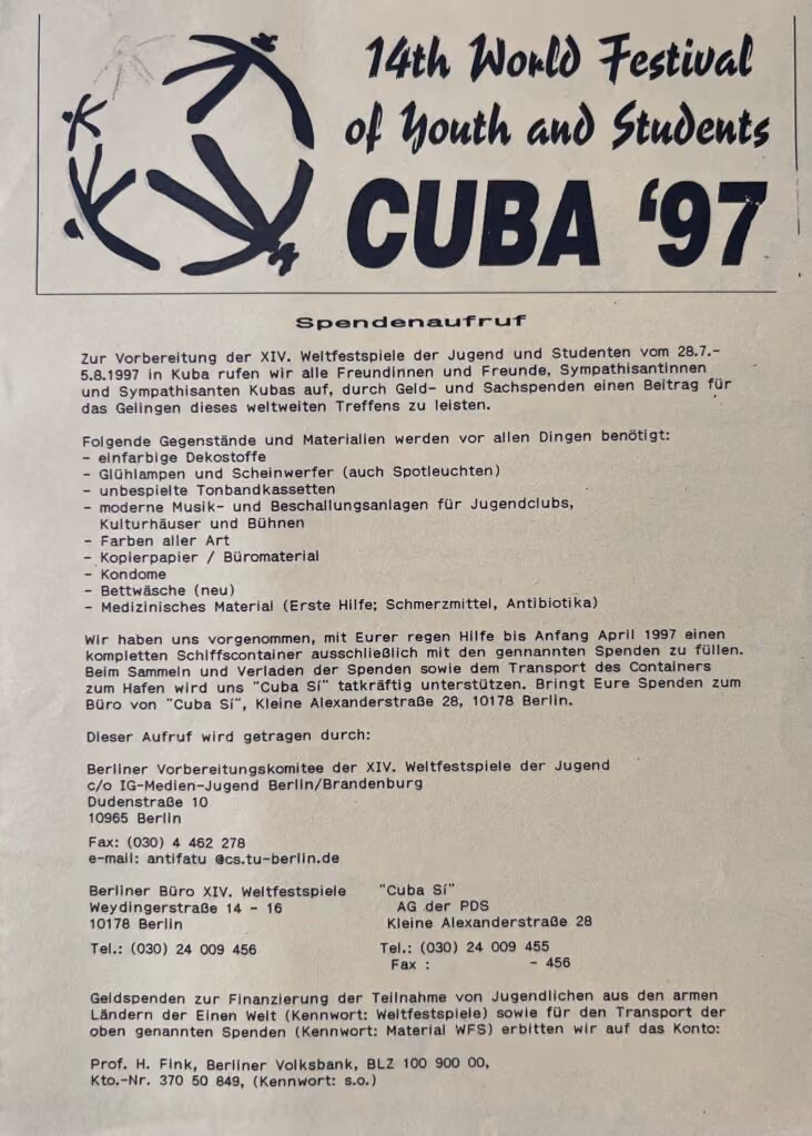 14. Weltfestspiele - Havanna 1997 - Spendenaufruf