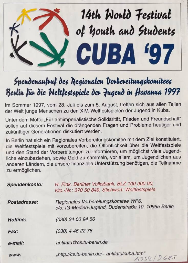 14. Weltfestspiele - Havanna 1997 - Spendenaufruf