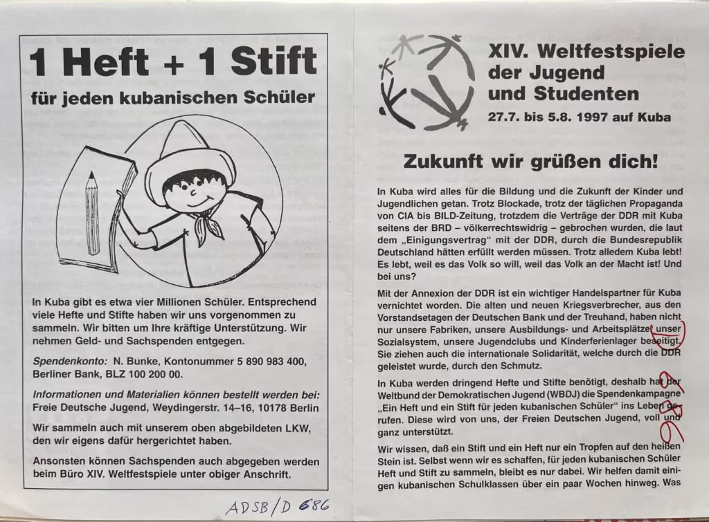 14. Weltfestspiele - Havanna 1997 - Spendenaufruf
