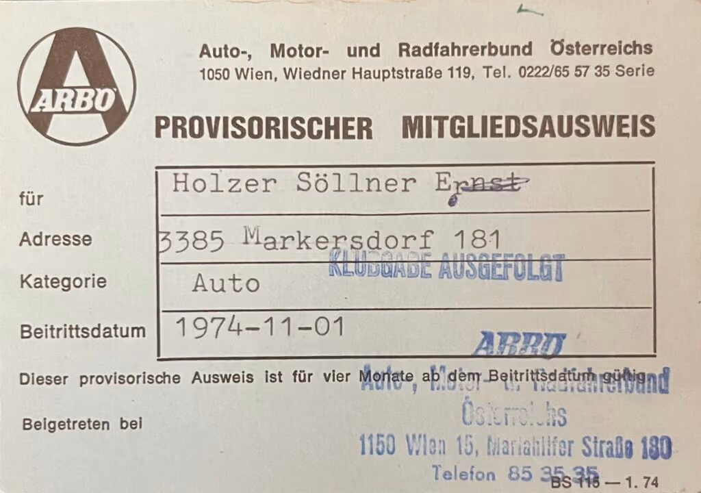 ARBÖ - Provisorischer Mitgliedsausweis