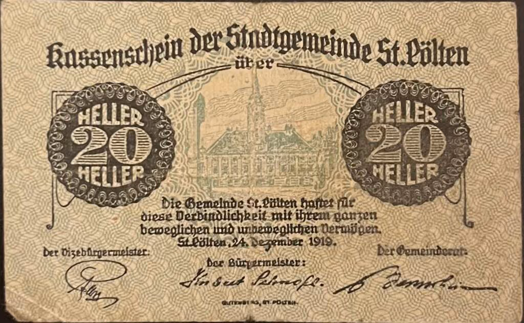Kassenschein der Stadtgemeinde St.Pölten über 20 Heller