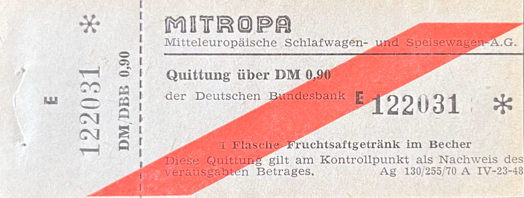 Mitropa - Quittung über DM 0,90 - 1 Flasche Fruchtsaftgetränk im Becher
