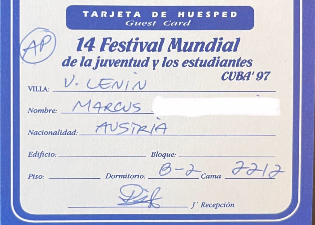 14. Weltfestspiele - Havanna 1997 - Gästekarte
