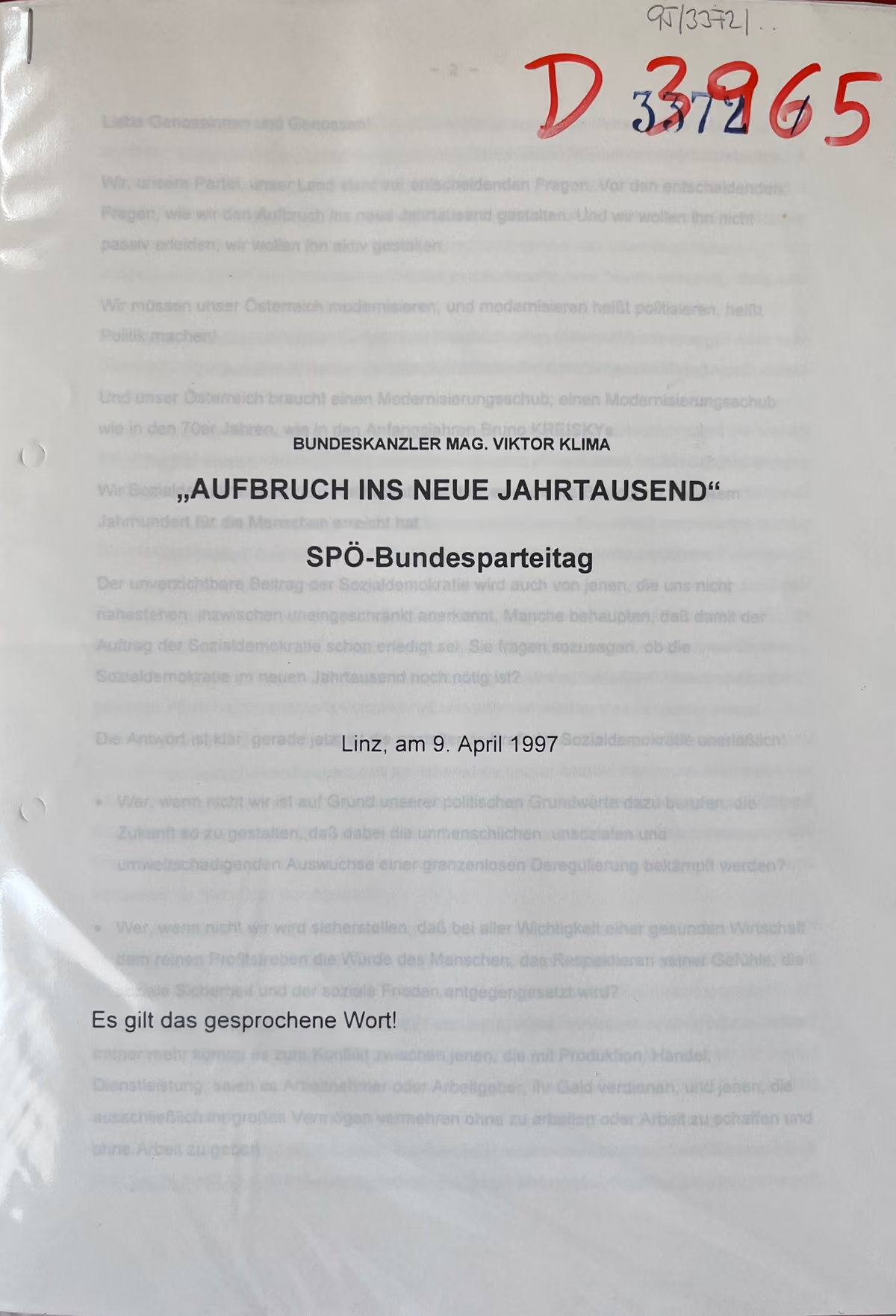 Bundeskanzler Mag. Viktor Klima: "Aufbruch ins neue Jahrtausend"