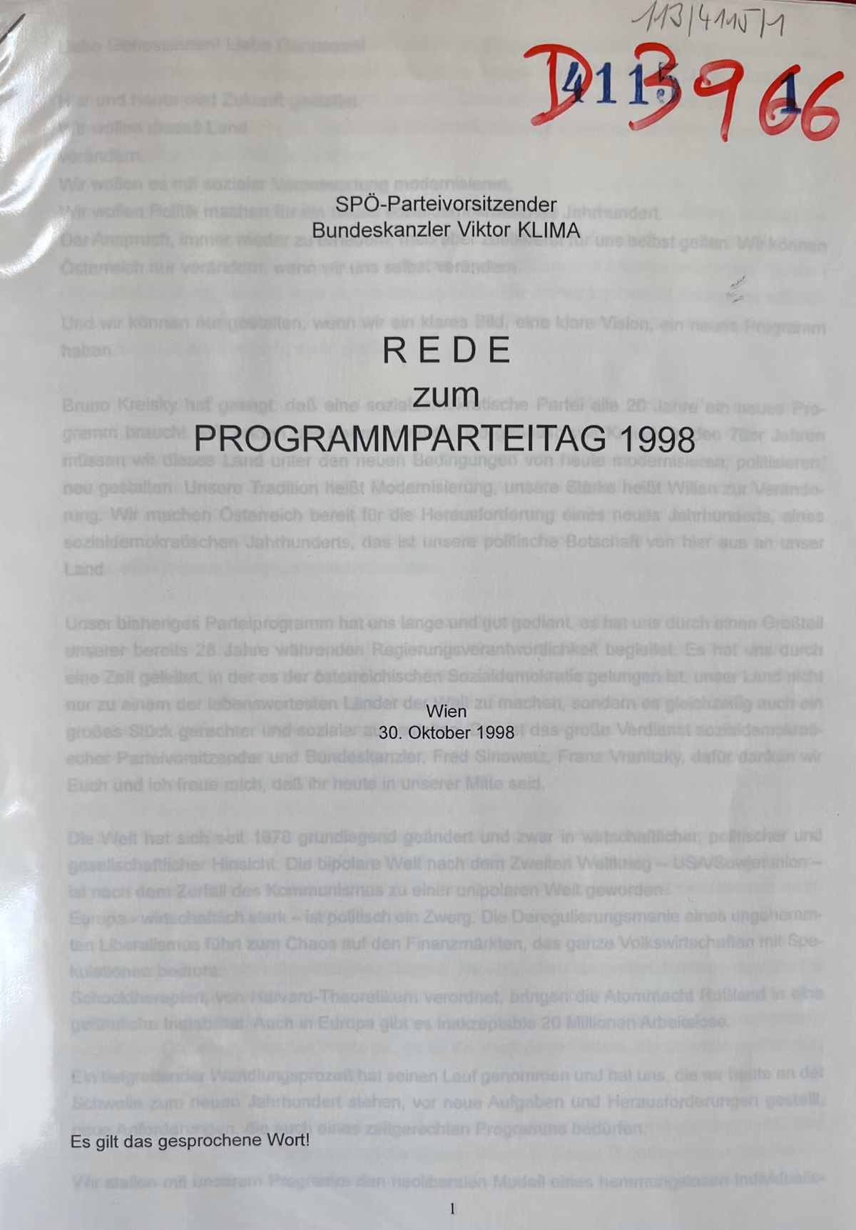 SPÖ-Parteivorsitzender Bundeskanzler Viktor Klima - Rede zum Programmparteitag 1998