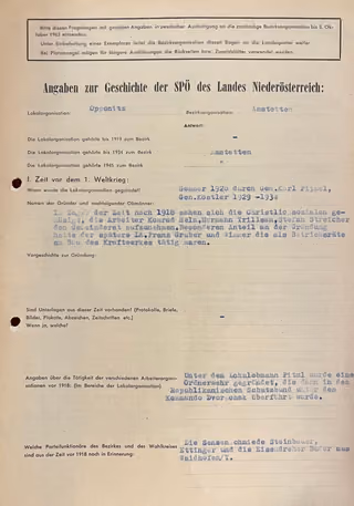 Angaben zur Geschichte der SPÖ des Landes Niederösterreich: Lokalorganisation: Neustadtl - Bezirksorganisation: Amstetten — weitere Abbildung